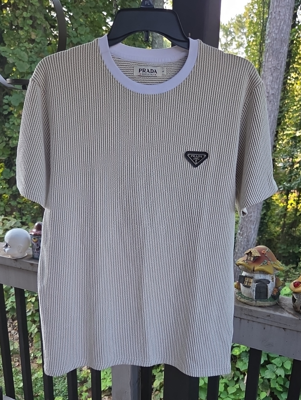 Prada Beige Ribbed Short Sleeve Crewneck T-Shirt with White Trim